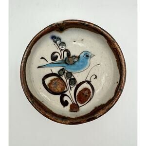 Ken Edwards Tonala Trinket Dish 4” Hand Painted Mexican Art Pottery Blue Bird